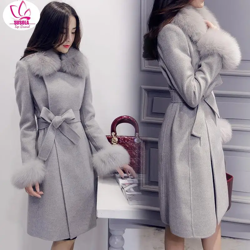 

2022 Artificial Fox Fur Collar Wool Coats Women Winter Thicken Woolen Coats Fashion Warm Slim Blends Wool Jackets Overcoats