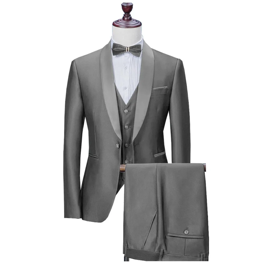 Men Suit Satin Casual Formal Three Pieces Business Groomsmen Grey White Burgundy Lapel Tuxedos for Wedding Blazer+Pants+Vest