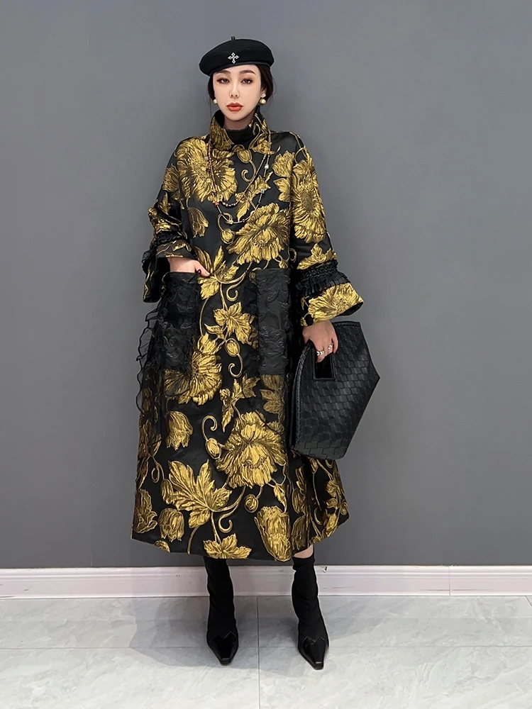 SuperAen 2022 Winter New Chinese Style Thickened Process Printed Cotton Retro Oversize Dress Women's Turtleneck Long Dress