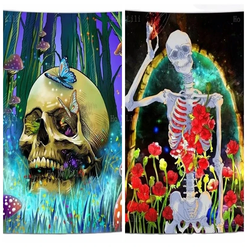 

Romantic Skull Rose Psychedelic Magic Mushrooms Forest Tapestry Colorful Abstract Trippy Wall Hanging Fantasy Decor