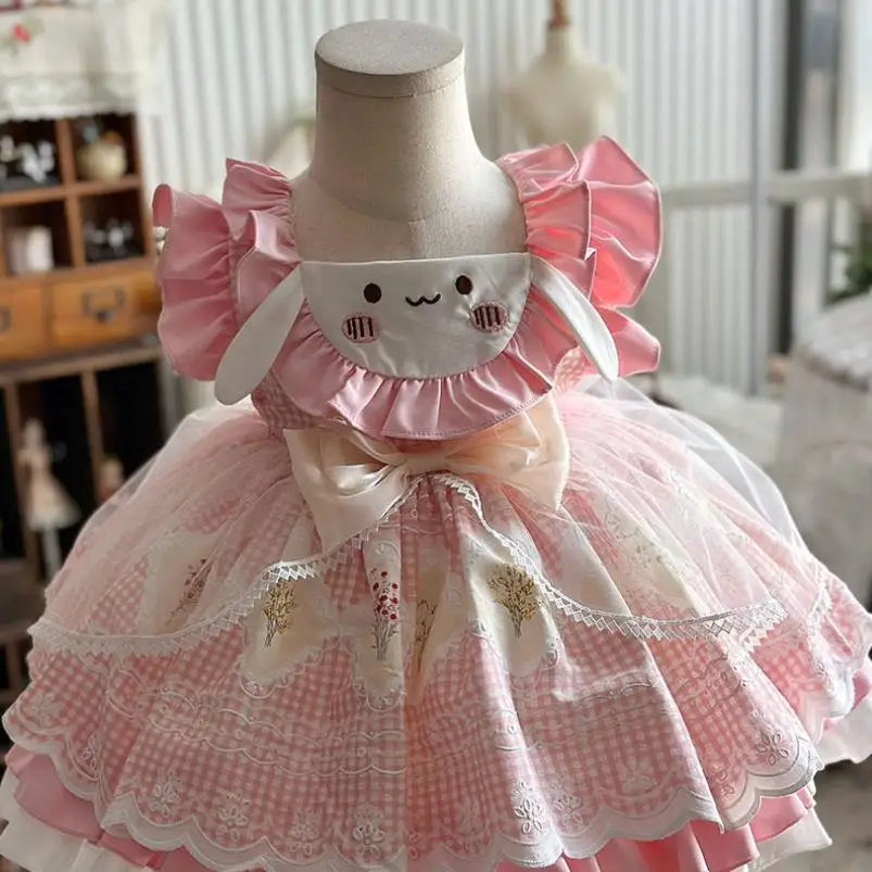 

Summer New Children's Spanish Lolita Princess Ball Gown Bow Lace Cartoon Embroidery Design Birthday Party Eid Girls Dress A2552