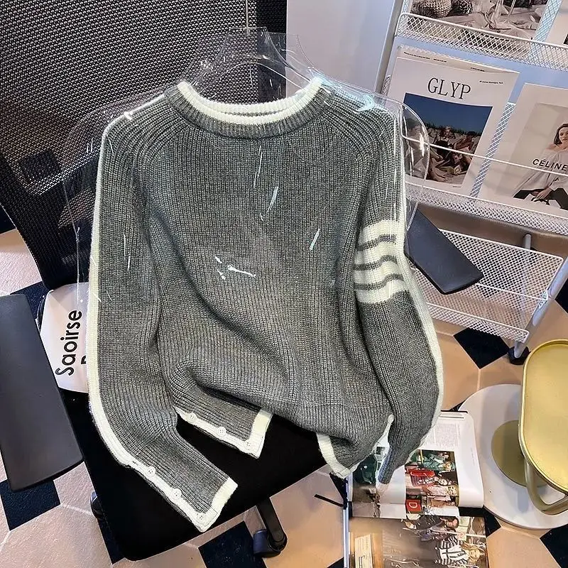 

Модный вязаный джемпер в полоску в стиле пэчворк для мужчин и женщин, Осенний свободный свитер большого размера с длинным рукавом, простая М...