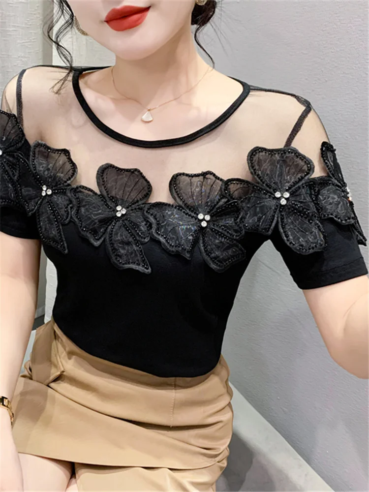 

#7380 Split Join Mesh Hollow Out Short Sleeve T Shirt Women Round Neck Sexy Club Thin Short Tshirt Femme Elastic Cotton Summer