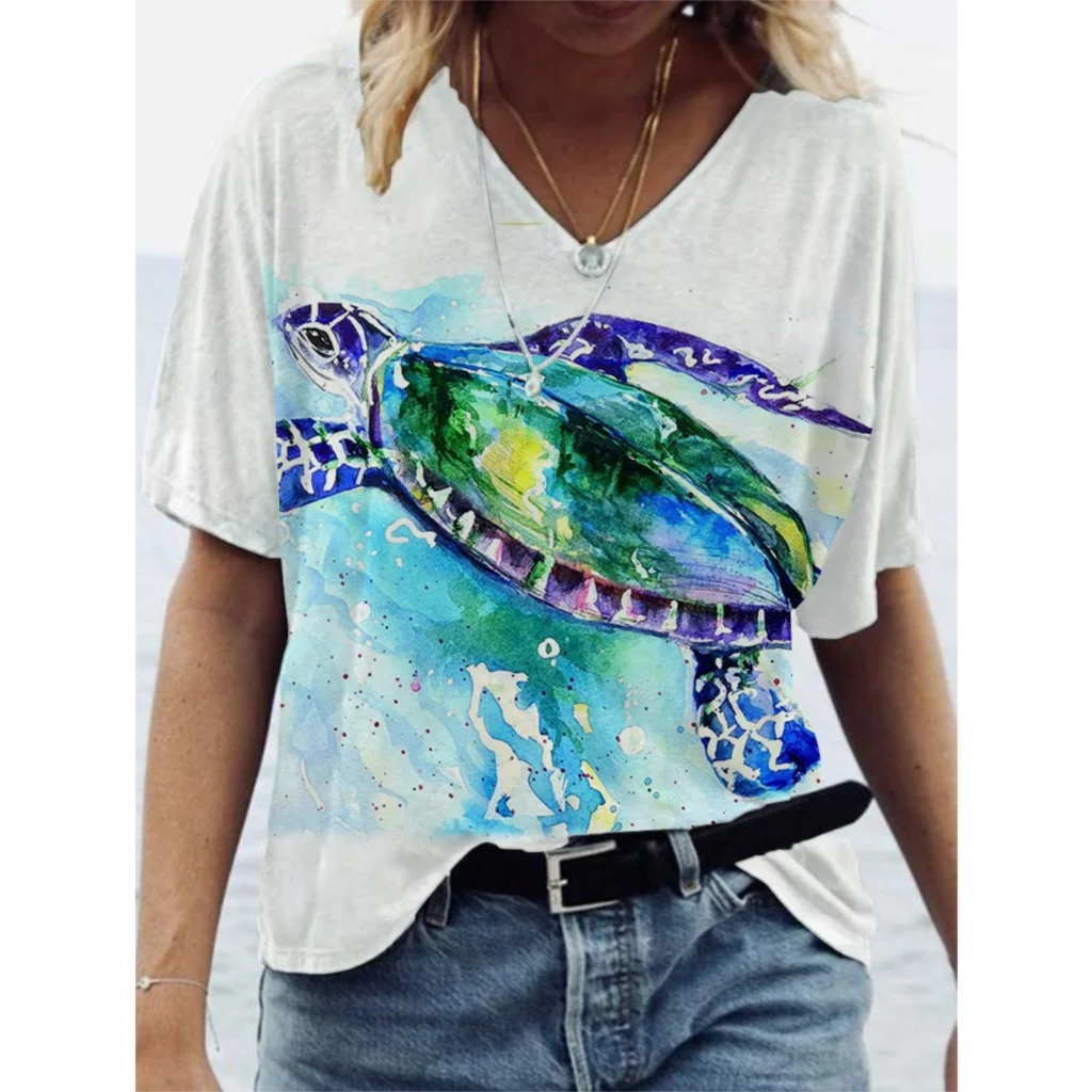 

Sea Turtle Print Short Sleeve Graphic Tee Summer Loose Beach V-neck T-shirt 3d Print Women Fashion Oversized Casual Women Top