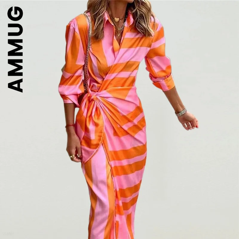 

Ammug Dress Women Fashion Soft Women's Dress Blouse Neck Tie Mid Length Striped Skirt Chic Vintage Clothing Vestidos Female