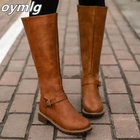 thigh high boots brown women vintage leather square heel zipper knee height buckle boot keep warm round toe shoes british style