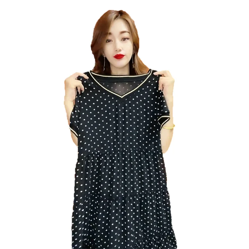 

2023 Summer speckled Chiffon Dress Womens Clothing Summer Fashion Casual V-neck Dot Dress Large Size Slim mother's Dresses AC218