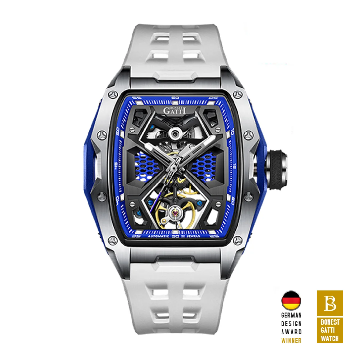 

BONEST GATTI Men Automatic Watch Luxury 46MM Fashion Tonneau Mechanical Wristwatch Waterproof Sapphire Luminous Punk Rubber