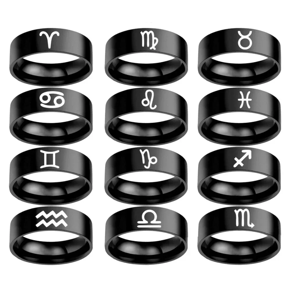 12 Constellations Zodiac Sign Finger Rings Women Girls Black Color Stainless Steel Ring Anel Anillos Jewelry Size 6-13