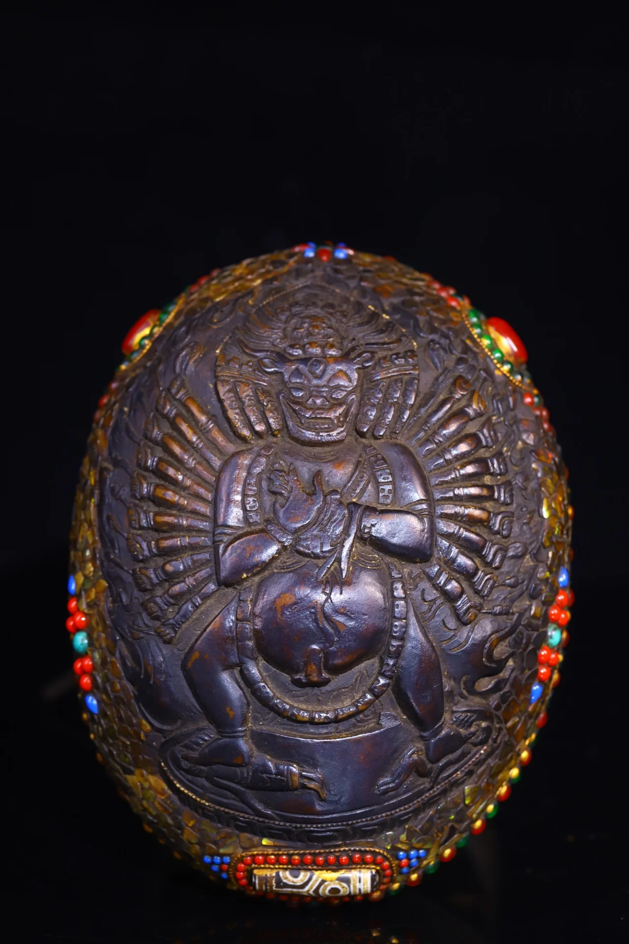 

7"Tibetan Temple Collection Old Gabbra Mosaic Gem gZi Beads Shell Yamantaka Kapala Skull Cup Bowl Amulet Dharma Town house