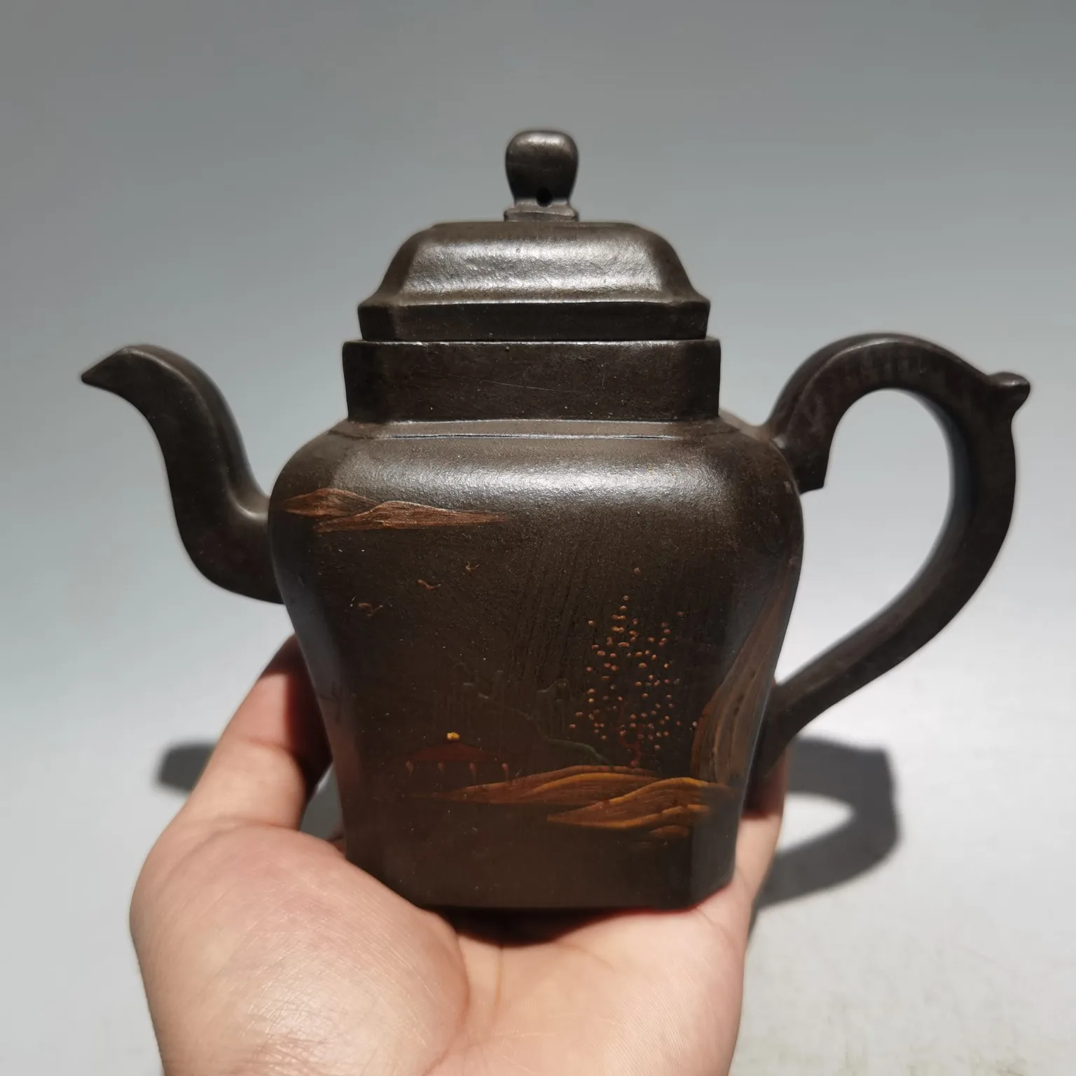 

7" Chinese Yixing Zisha Pottery hat shape Quartet painted landscape kettle teapot flagon Black Sands mud Gather fortune Ornament