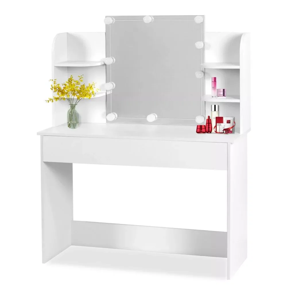 

White Modern Dressing Table 6 Drawers Dresser Makeup Vanity Mirror Cabinet 10 LED Bulbs Adjustable Brightness Bedroom Furniture