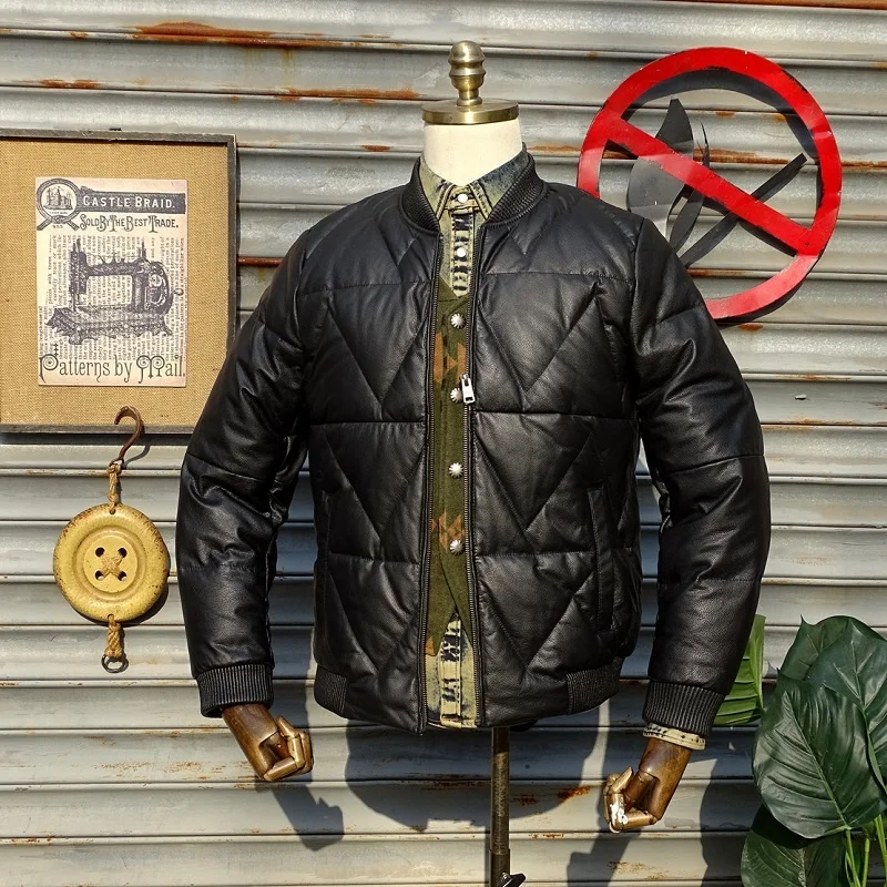 

Free shipping.Men winter warm genuine leather jacket.soft baseball cowhide duck down coat.wholesales.casual leather cloth.