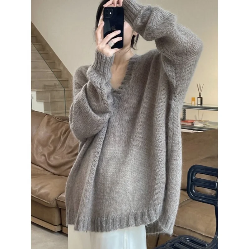 Осенняя женская одежда Idle Sle с v-образным вырезом мягкий клейкий мохеровый свитер