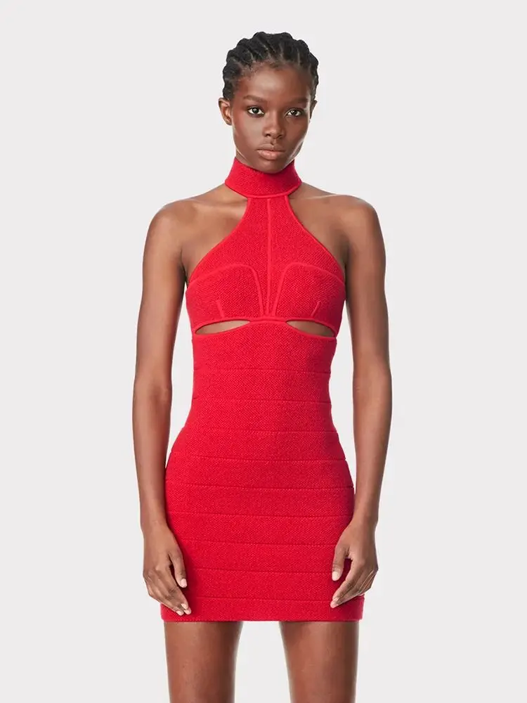 

Summer Women's Halter Sexy Backless Sleeveless Blue Red Solid Hollow Out Bodycon Bandage Mini Elegant Club Party 2023 New Dress