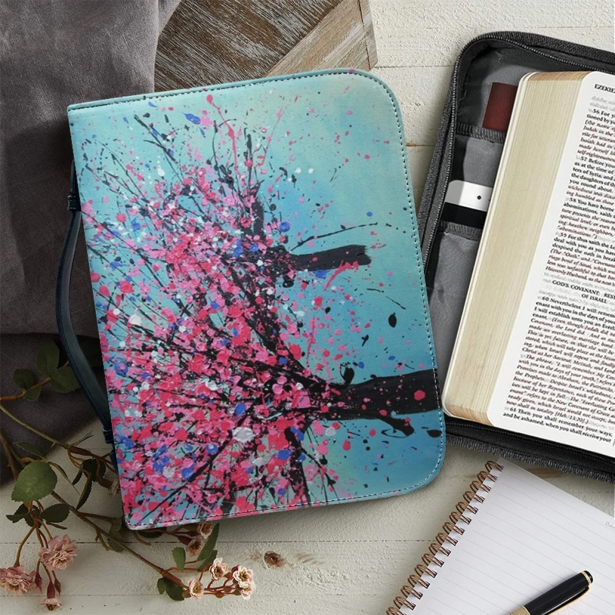 

Fashion Oil Painting Cherry Blossom Leather Bible Cover Case Women Practical New Bible Bag Prayer Church Bible Storage Bags 2023