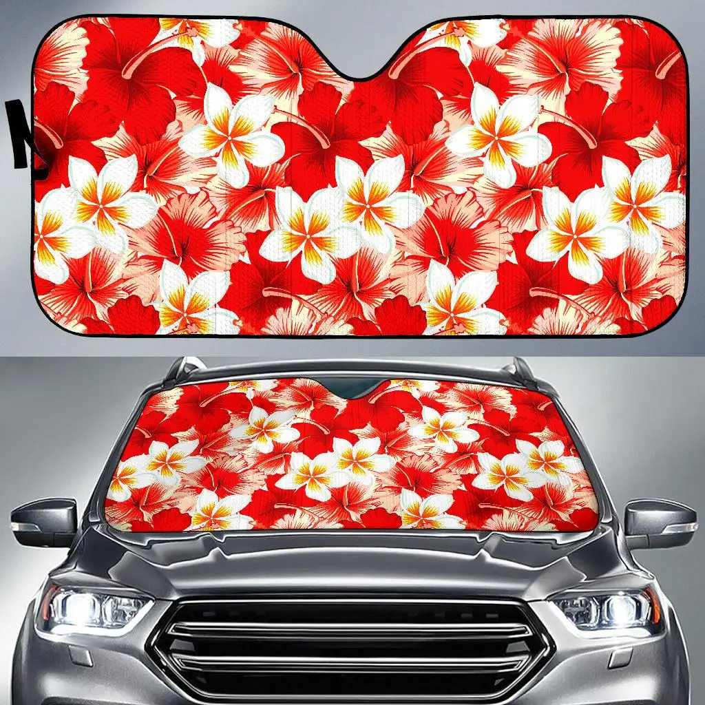

Red Hibiscus Plumeria Pattern Print Car Sun Shade
