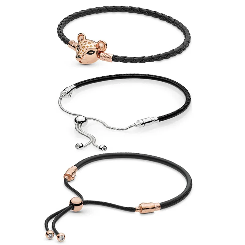 

16-44cm Bracelet Black Leather With Rose Lioness Clasp Bracelet Fit Europe Bangle 925 Sterling Silver Charm Jewelry