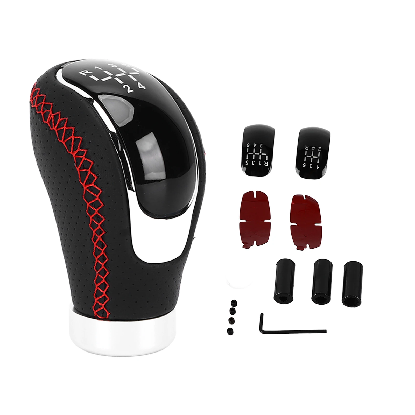 

Manual Gear Shift Lever Knob Shifter Head Universal 5/6 Speed Artificial Leather Red Stitching with Replaceable Paster