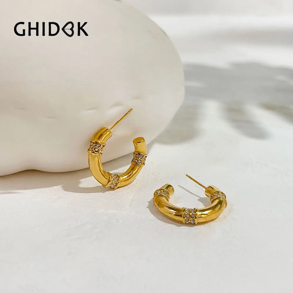 

GHIDBK Waterproof Stainless Steel 18K Pvd Gold Plated Cz Rhinestones Hoop Earrings Women Fashion Chic Daily Jewelry Accessories