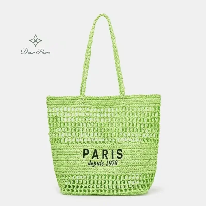 Women's New Embroidered Letter Hollow Grass Woven Handbag Large Capacity Handwoven Shoulder Bag Fashion Portable Basket Tote Bag