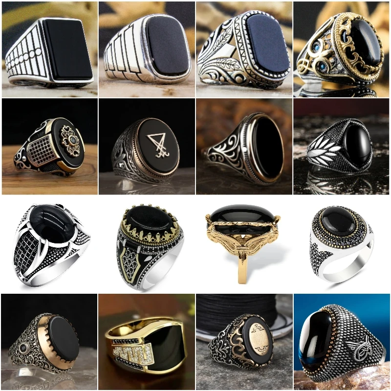 

Retro Handmade Turkish Signet Ring Vintage Men Ancient Silver Plated Pattern Ring Inlay Black Zircon Party Punk Motor Biker Ring