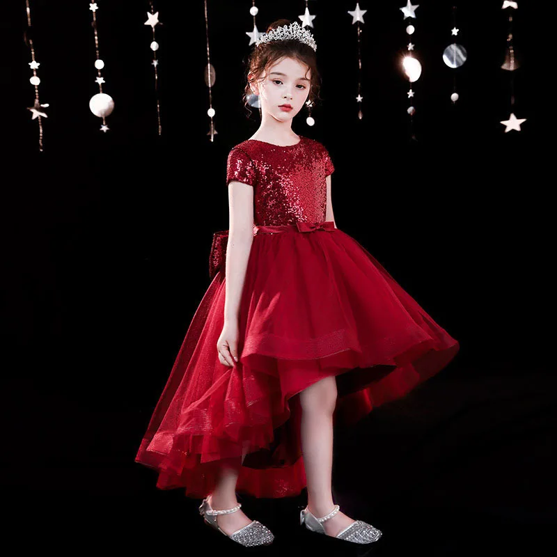 Children's fluffy gauze princess dress foreign girl's birthday dress small presenter red sequined evening dress