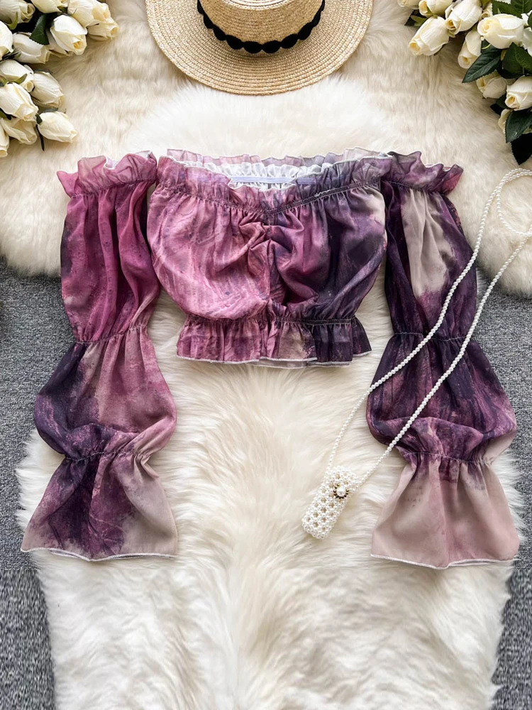 

Женские блузки YuooMuoo, новинка 2022, модные укороченные топы с принтом тай-Дай, с открытыми плечами и длинными расклешенными рукавами, короткие ...