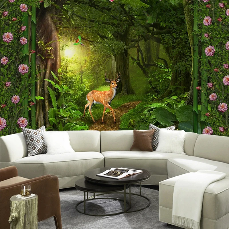 

Custom Photo Wallpaper Mural Jungle Book Sika Deer Mural Painting Park Landscape Mountain And Water For Living Room Study Room