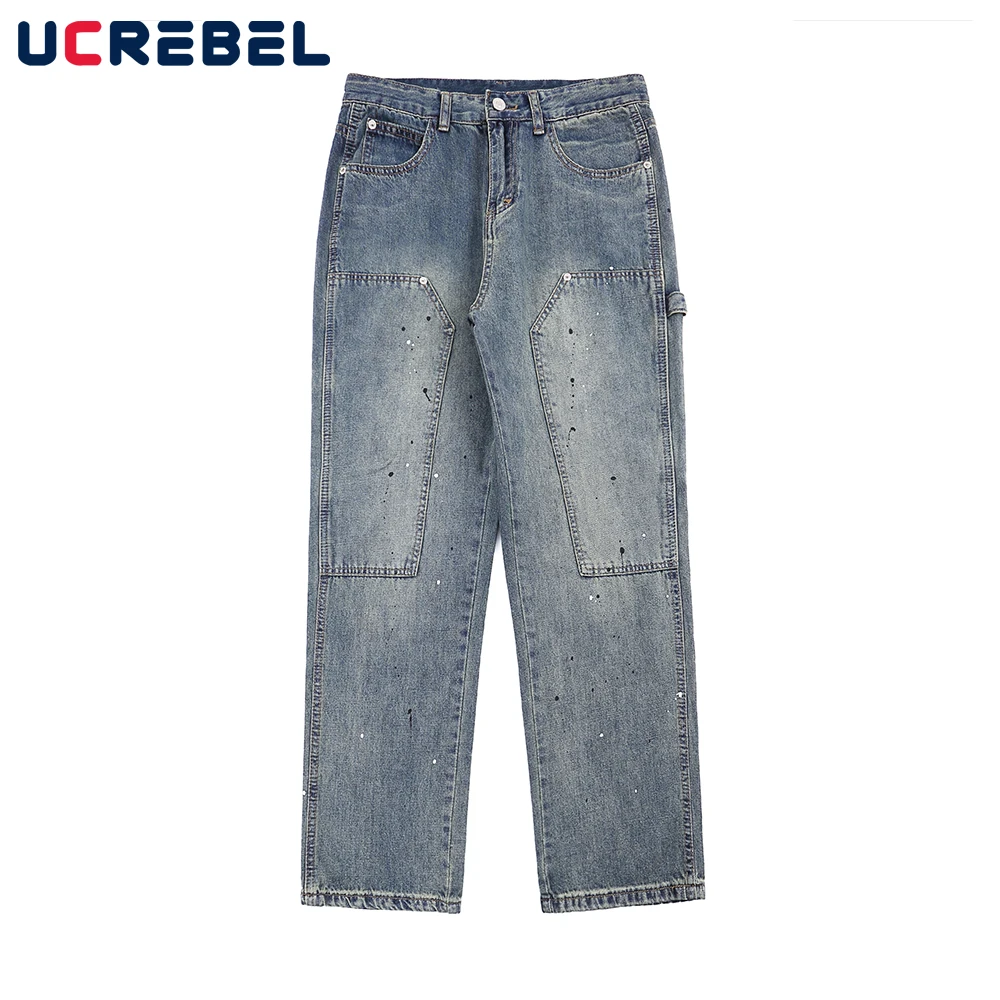 

Splash Ink Multi-Pocket Straight-leg Jeans Mens Streetwear Patch Washed Loose Denim Wide Leg Pants Men