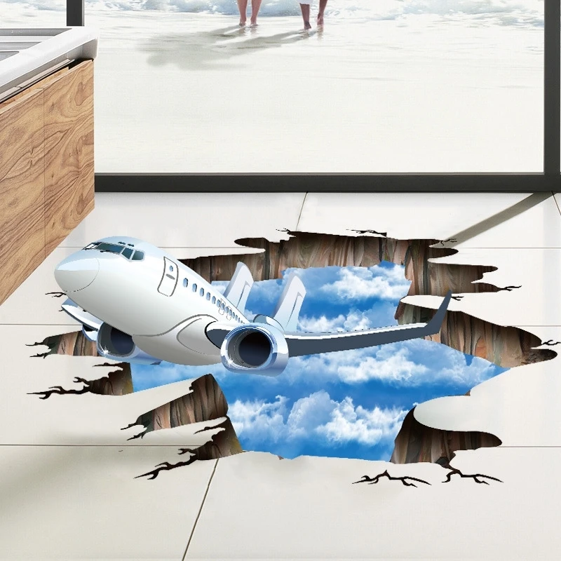 

3D наклейки на стену с эффектом стерео голубое небо самолет сломанная стена офисный фон визуальные декоративные наклейки на стену