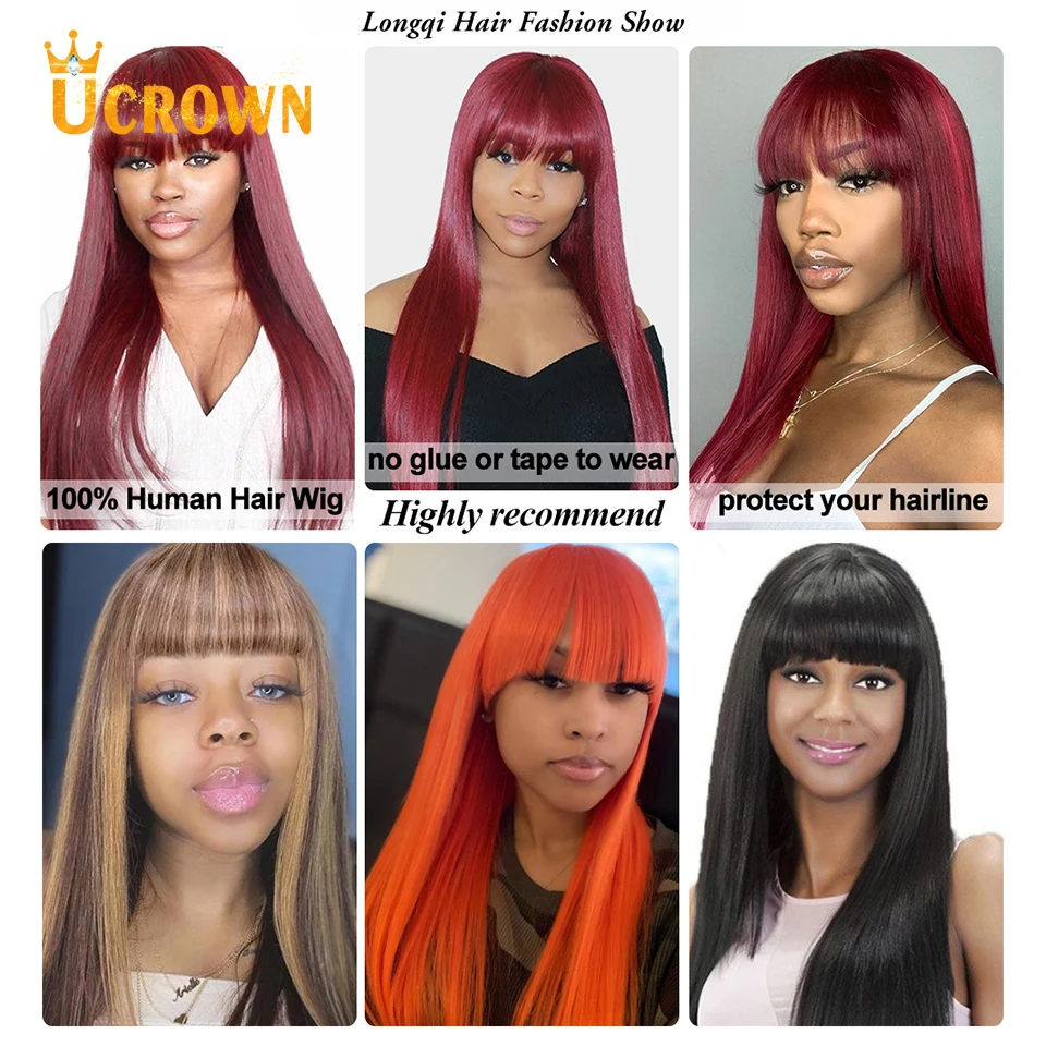 Парик прямой бургундского цвета Ucrown Hair 99j с прямыми челками, полностью машинной работы с имитацией кожи головы, изготовленный из волос бразильского происхождения для чернокожих женщин.