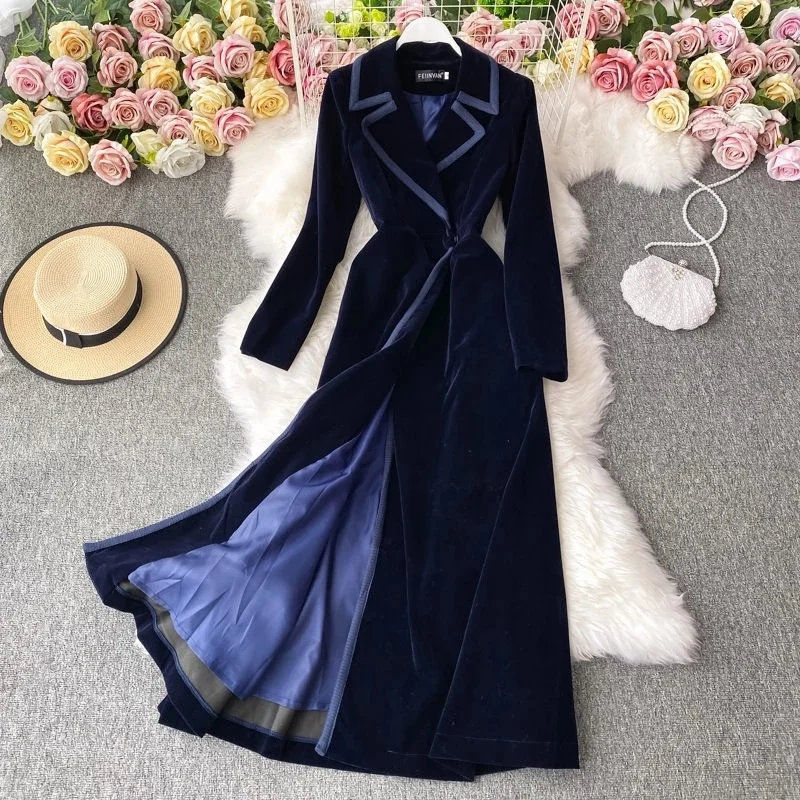 

Autumn And Winter Black Velvet Blazer Dress Long Over The Knee Fashion Temperament Maxi Windbreaker Jacket Women Slim Coat