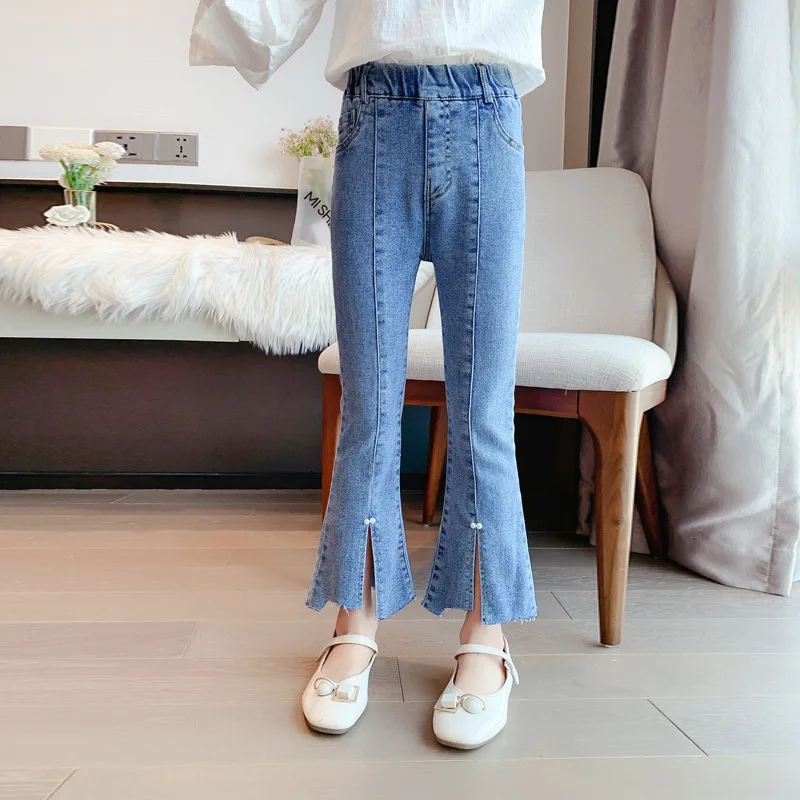 

Spring Autumn Children Jeans for Girls Pants Teenage Pearl Flared Trousers Fashion Korean Slim Stretch Kids Denim Slit Pants