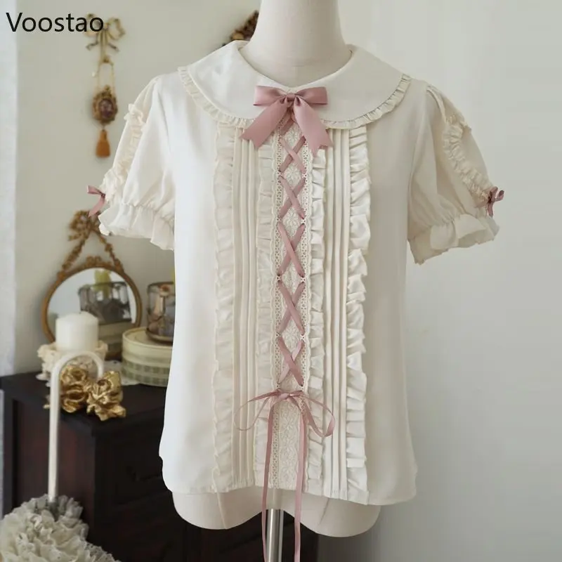 

Japanese Victorian Lolita Princess Blouse Women Vintage Peter Pan Collar Bow Puff Sleeve JK Shirt Japanese Girls Cute Clothes