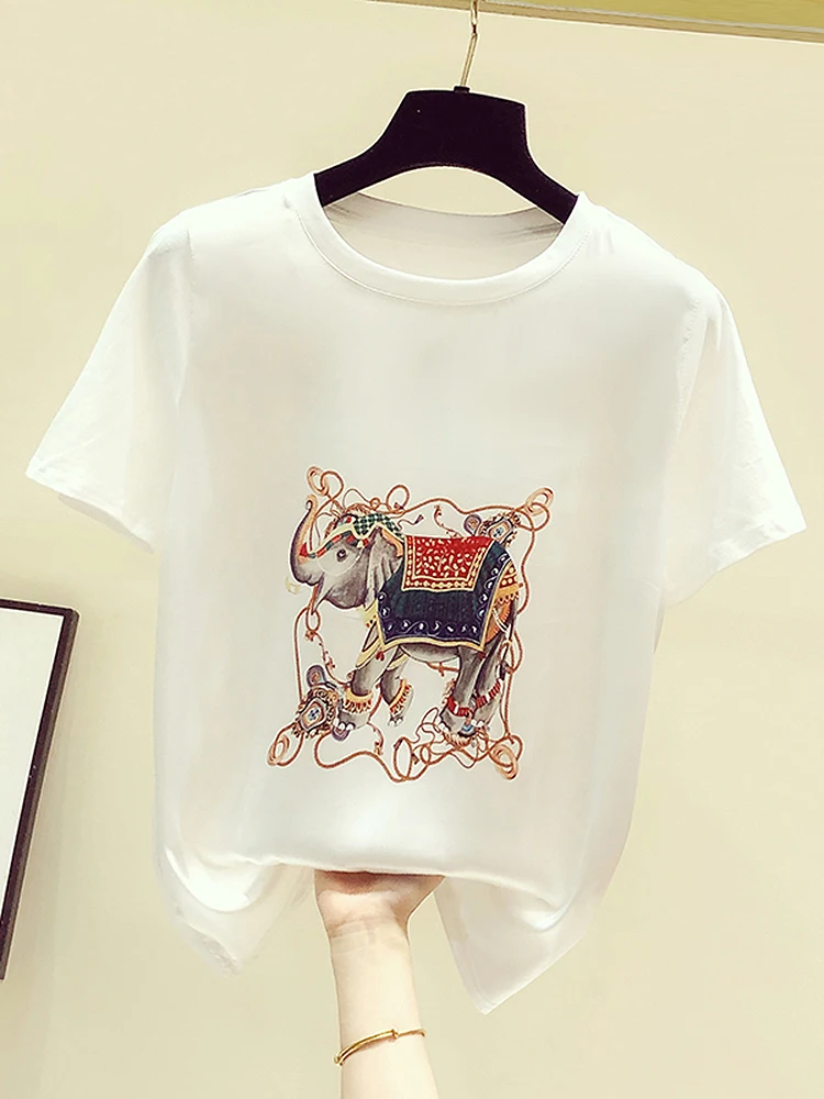 

BETHQUENOY Summer Clothes For Women 2022 Fashion Elephant Patterned Cotton T Shirt Camisetas De Mujer Casual White Tshirts Femme