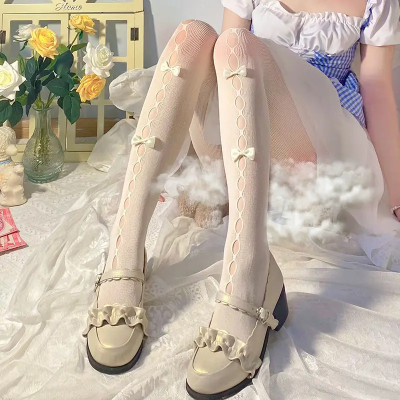 

Japanese style girl Lolita white silk stockings sweet girl sexy cute summer thin silk stockings women's silk stockings with bow