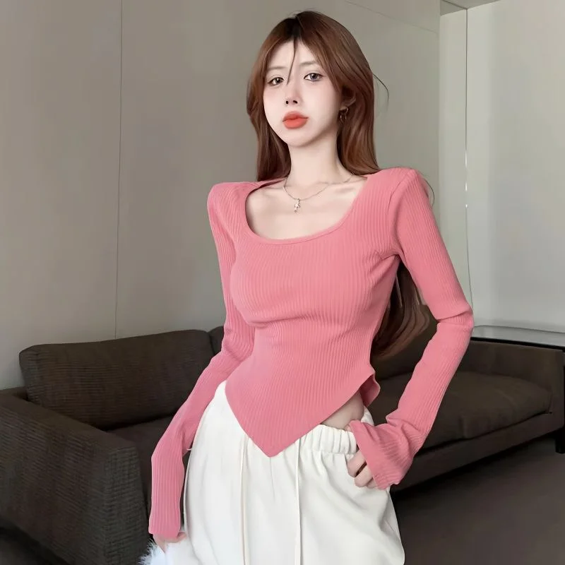 

Irregular T-shirts Hotsweet Women Casual Inside Solid Ins Korean Style Slim Mujer Clothes Basic Classy Tender All-match Y2k Tops
