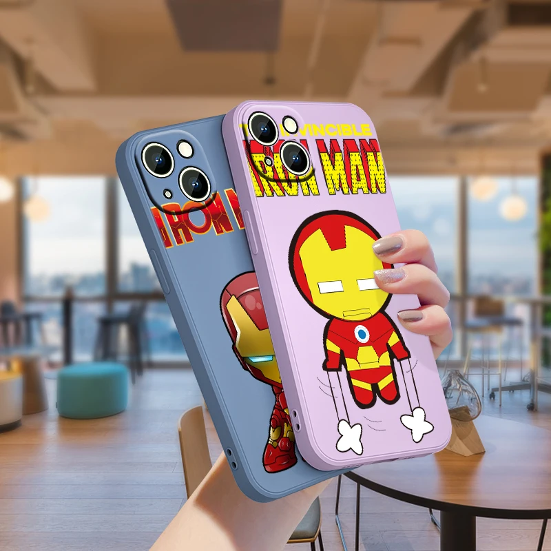 

Marvel Cartoon Iron Man For Apple iPhone 13 12 Mini 11 XS Pro Max X XR 8 7 6 Plus SE 2020 Liquid Silicone Soft Rope Phone Case