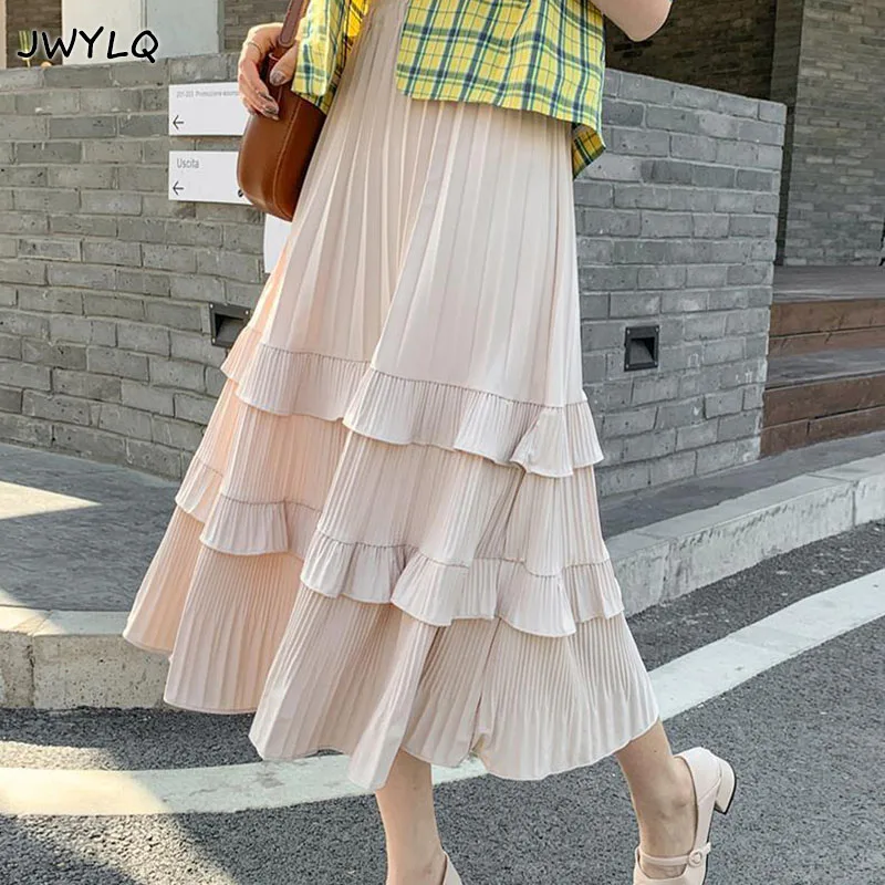 

Spring Summer Chiffon All-match Thin Pleated Skirts High Waist Solid Color A-line Skirt Female Ins Style Temperament Midi Skirts
