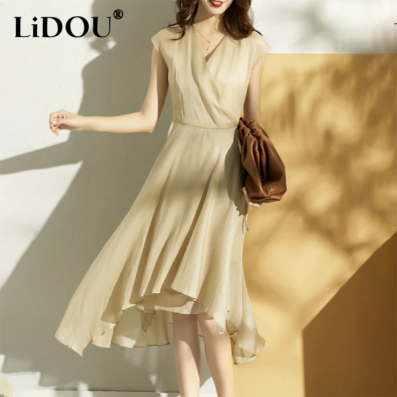 

2022 Summer Elegant Fashion V-neck Temperament Irregular Dress Lady Korean Style Simple Dresses All-match Robe Femme Vestidos