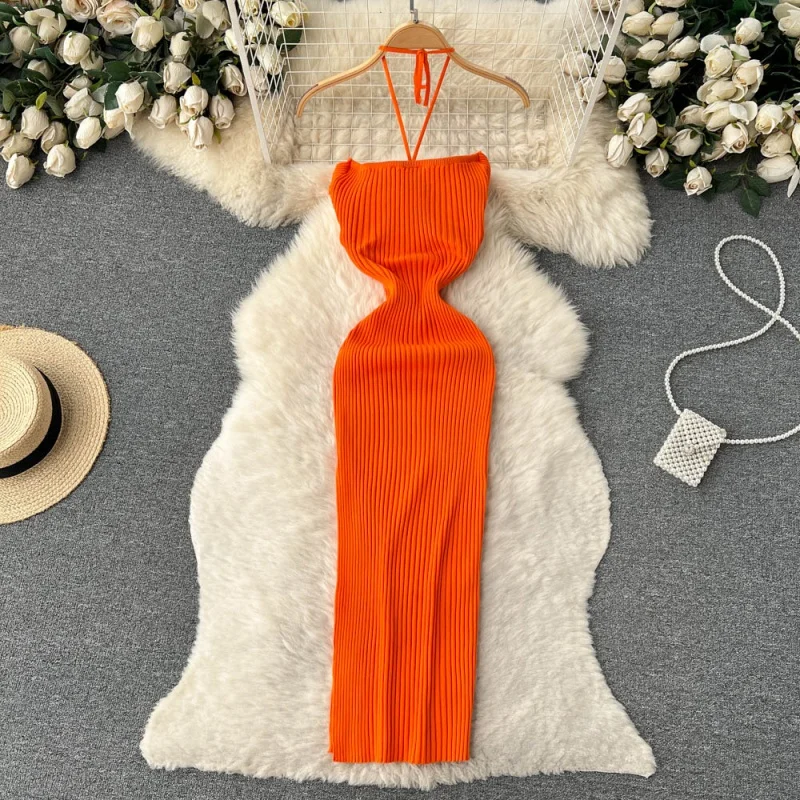 

Ins Fashion Solid Knitted Women Dress 2023 Summer Halter Sleeveless Bodycon Dress Europe Style Ladies Office Dress