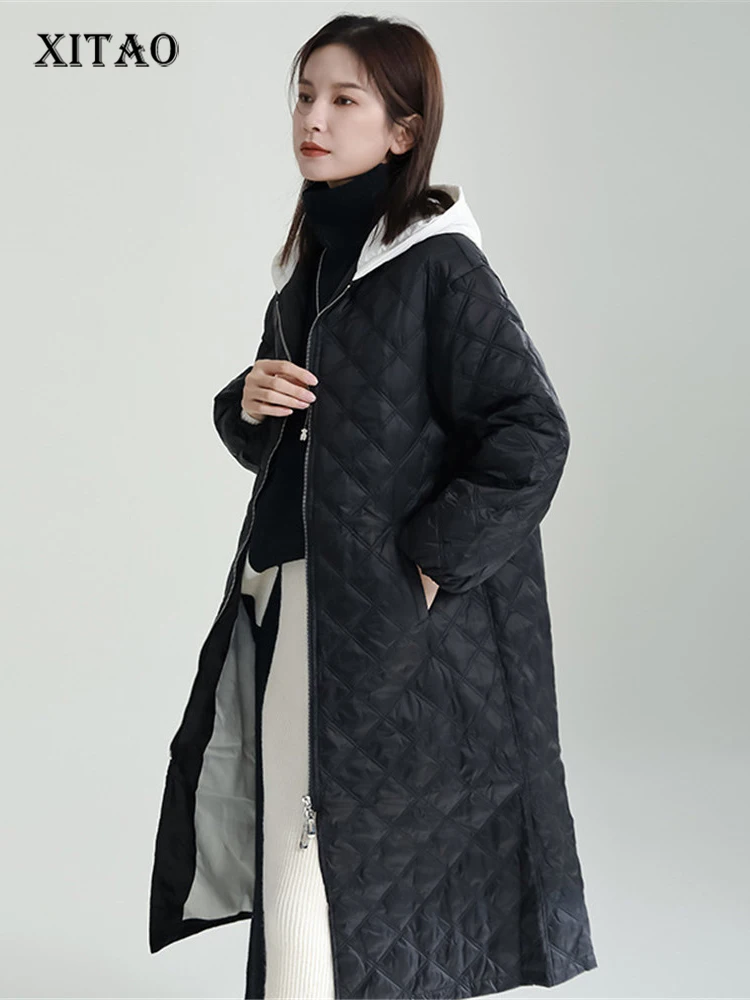 XITAO Geometrical Pattern Down Coat Fashion Women Hit Color Small Fresh Pocket 2022 Autumn Minority Loose Down Coat SMH10147