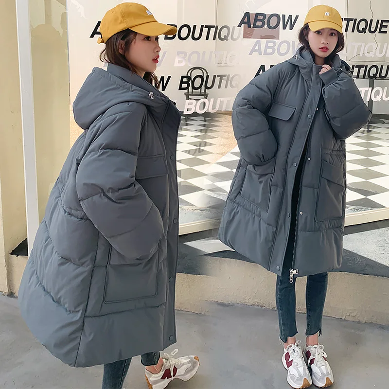 Winter Jacket Maternity Plus Size Padded Mid-Length Large Pocket Korean Style Waisted Loose Button Warm Hooded Parkas Black 2022