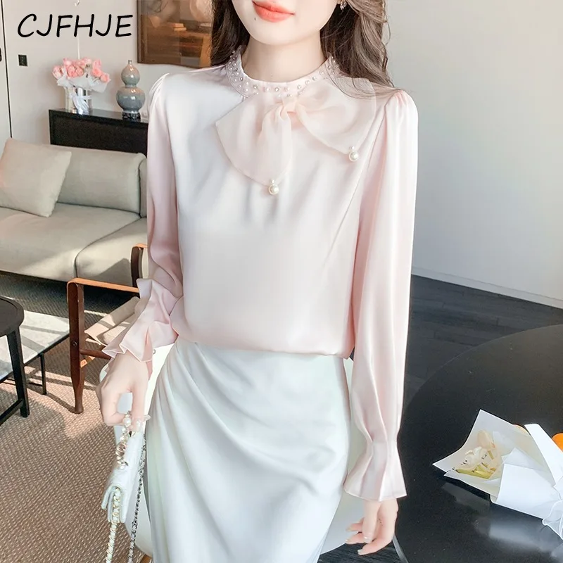 CJFHJE Женская однотонная шифоновая рубашка с вышивкой бисером и бантом на весну