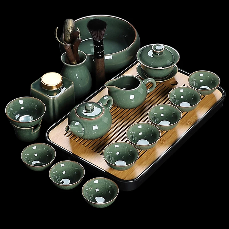 

Роскошный чайный набор Celadon, винтажный керамический набор кунг-фу для послеобеденного чайного столика с подносом, фарфоровые принадлежност...