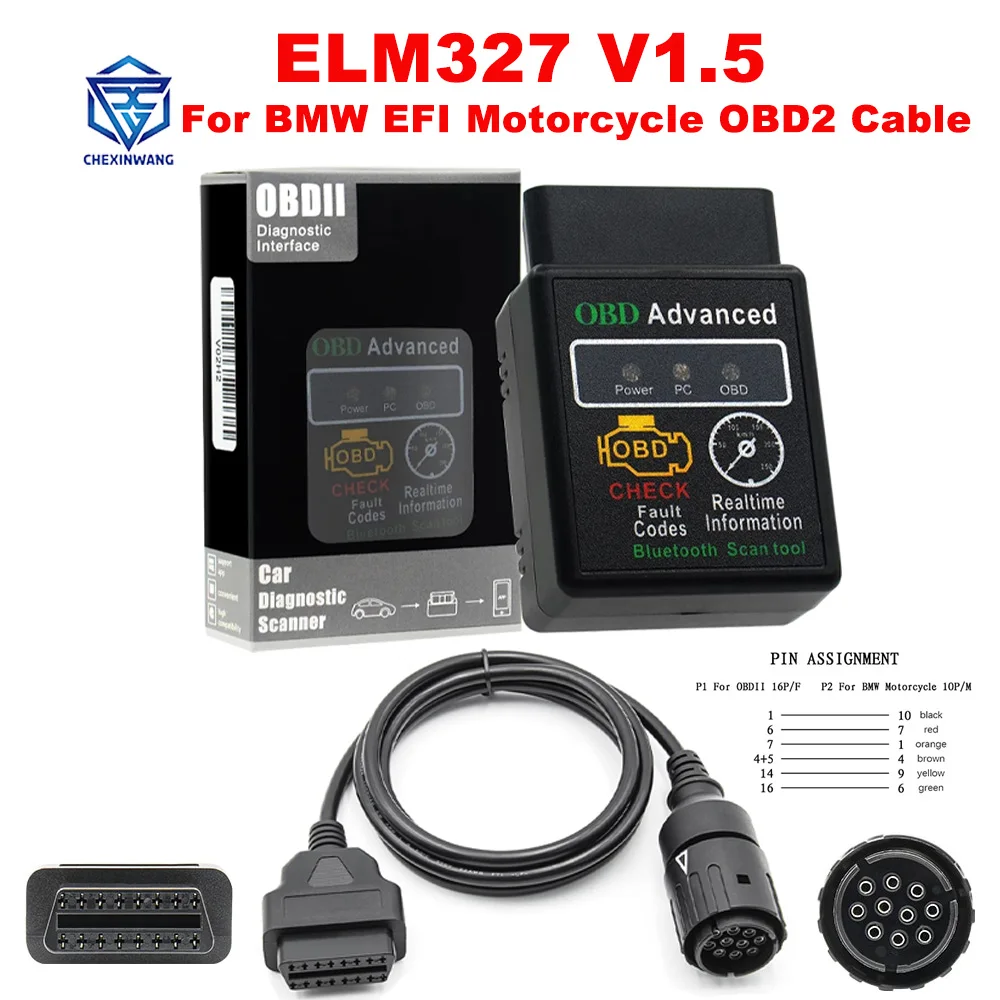 ELM327 V1.5 Bluetooth и мотоциклетный OBD2 кабель для мотоциклов BMW 10-контактный к 16-контактный адаптер EFI инструмент для диагностики неисправностей мотоцикла