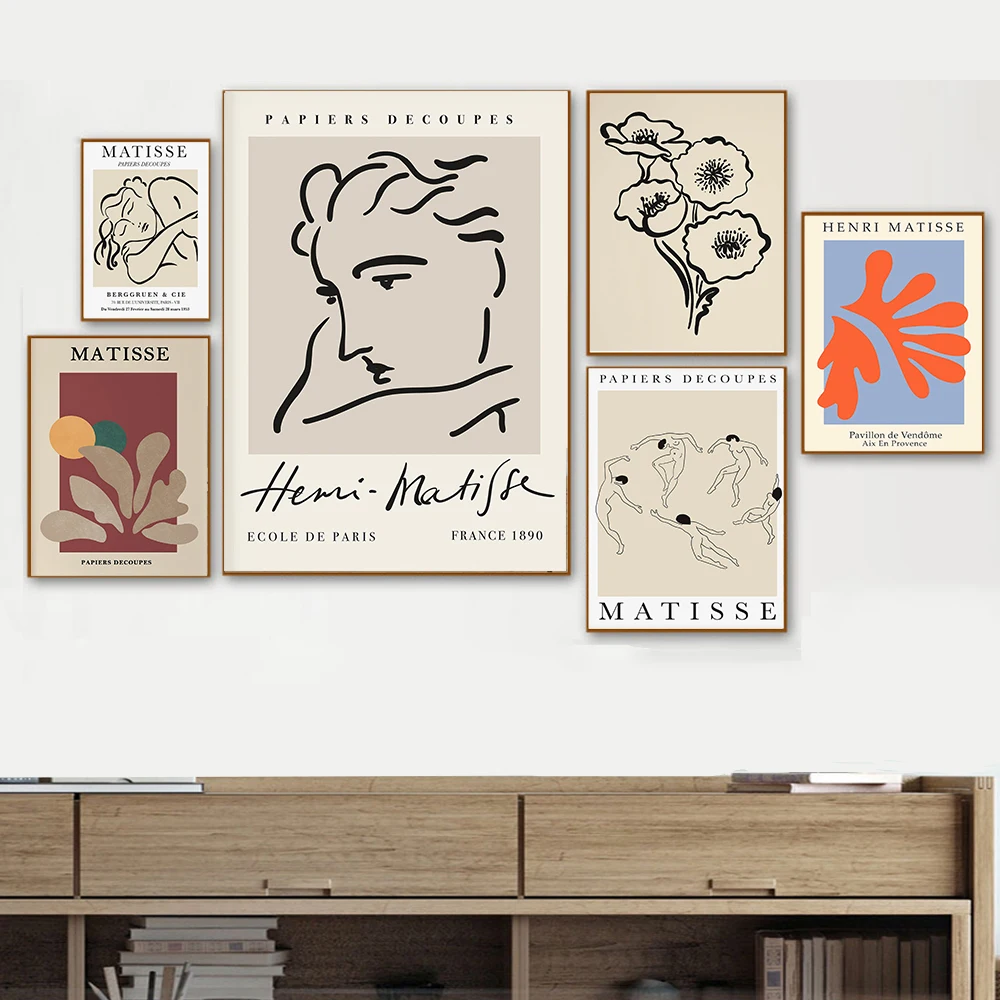 Настенная картина Matisse с абстрактными линиями бежевые цветы женское лицо