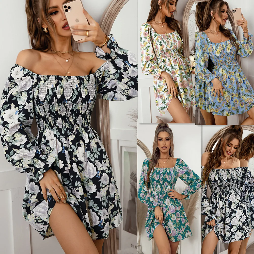 

New Elegant fashion Lantern Sleeve woman dress Printing sexy dress mini long sleeve spring autumn dresses for women