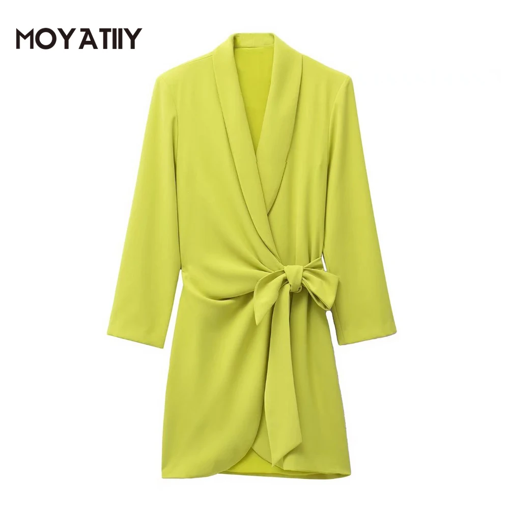 

Женское модное Плиссированное мини-платье MOYATIIY 2022, винтажные однотонные офисные женские платья с бантом, женские платья